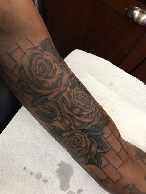 3 Black Roses with brick wall background tattoo Brick Wall Background Tattoo, Brick Wall Tattoo Ideas, Brick Tattoo For Men, Brick Wall Tattoo, Brick Tattoo, Hand Tattoo Images, Pinterest Tattoo Ideas, Arm Tattoos For Guys Forearm, Background Tattoo