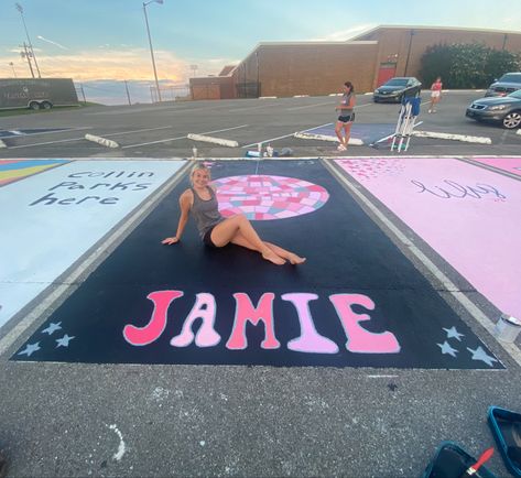 Disco Ball Parking Spot, Preppy Parking Spot Ideas, Cute Painted Parking Spots, Senior Parking Spot Painting Cute, Taylor Swift Parking Spot Painting Ideas, Senior Parking Spot Ideas Girly, Preppy Senior Parking Spot, Senior Parking Space Ideas 2024, Butterfly Parking Spot Painting