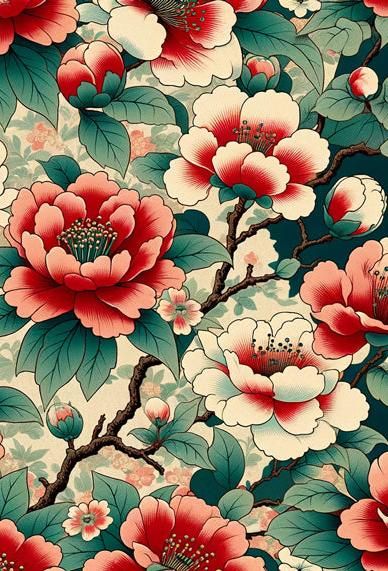 Immergez-vous dans l'atmosphère intemporelle du Japon avec notre exceptionnel papier peint fleurs japonaises mettant en scène des fleurs de camélia dans un style vintage envoûtant. Laissez-vous transporter dans un univers où la grâce japonaise rencontre la beauté florale.Ce papier peint japonisant capture la délicatesse et la splendeur des fleurs de camélia avec une touche rétro, révélant leurs pétales dans des nuances douces et subtiles qui s'unissent harmonieusement pour créer une fresque flor Art Floral Japonais, Art Japonais, Style Vintage, Cool Art, Japan, Flowers, Floral, Pattern, Art