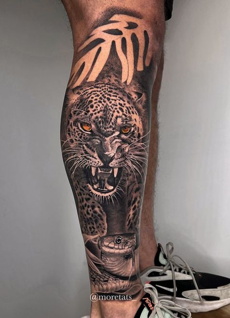 Animal Shin Tattoos For Women, Cheetah Tattoo Leg, Jaguar Tattoo Leg, Leopard Tattoo Leg, Leopard Tattoo On Leg, Jungle Theme Leg Sleeve, Animal Themed Tattoos, Leopard Forearm Tattoo, Leg Animal Tattoo