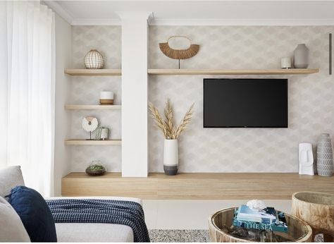 Wallpaper Behind Tv, Stylish Wallpaper, Living Room Design Inspiration, Blank Walls, Home Reno, Home Renovation, Storage Shelves, Floating Shelves, Living Room Designs