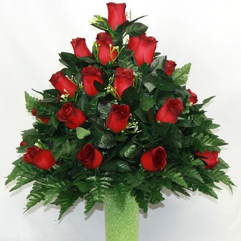 Crazyboutdeco - Etsy Sympathy Bouquets, Urn Arrangements, Cemetery Vases, Grave Flowers, Cemetery Decorations, Spring Red, Silk Bouquet, Grave Decorations, Red And White Roses