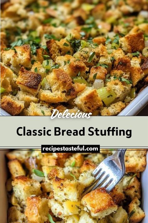 This Classic Bread Stuffing is a savory and buttery side dish featuring a perfect balance of crispy edges and a soft, flavorful interior. It's an essential accompaniment for Thanksgiving or any festive meal. Classic Bread Stuffing Recipe, Classic Stuffing Recipe, Dressing Recipes Thanksgiving, Traditional Thanksgiving Recipes, Bread Stuffing, Stuffing Recipes For Thanksgiving, Easy Thanksgiving Recipes, Herb Stuffing, Turkey Recipes Thanksgiving