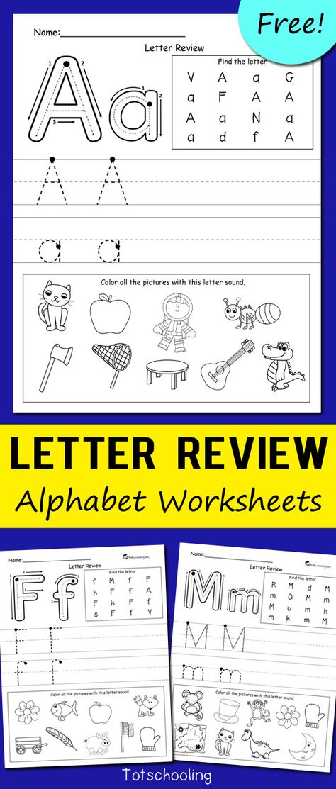 FREE alphabet worksheets for kindergarten kids to review letters and letter sounds, and practice proper letter formation. Letters Practice Kindergarten, Letter Of The Day Kindergarten, Letter Sound Worksheets Free, Letter S Practice Worksheet, Free Letter Of The Week Printables, Letter Sound Recognition Worksheets, Letter Review Kindergarten, Alphabet Practice Worksheets Free, Free Letter A Worksheets