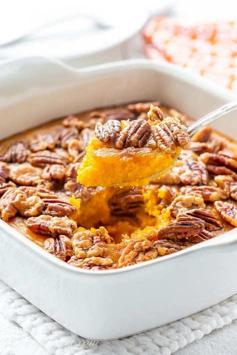 Butternut squash casserole - the essential holiday side dish terrific served with roasted meats and poultry. A trusted family recipe for generations. #butternut #butternutsquash #butternutsquashcasserole #sweetpotatocasserole #thanksgiving #thanksgivingsidedish #easysidedish #christmasdinner #holidaysidedish #squashcasserole Can Sweet Potato Casserole, Easy Sweet Potato Casserole, Potato Recipes Casserole, Butternut Squash Casserole, Best Sweet Potato Casserole, Sweet Potato Casserole Easy, Canning Sweet Potatoes, Easy Sweet Potato, Classic Thanksgiving