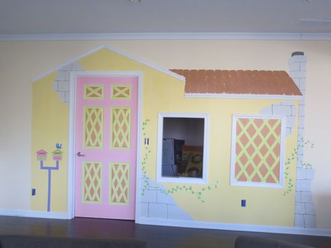 House Outline On Wall Playroom Diy, House On Wall Playroom, Playhouse Painted On Wall, House Outline On Wall Playroom, Sidewalk Mural, Playroom House Mural, Playhouse Playroom, Playroom Door, Under Stairs Playhouse