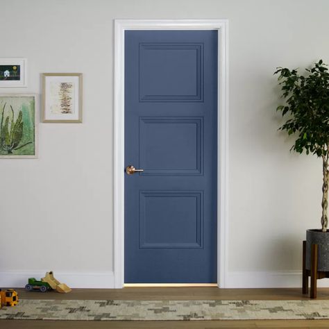 White Walls Blue Doors, White House With Light Blue Door, Navy Blue Door, Interior Doors With Glass Panels, Blue Interior Doors, Blue Doors, Glass Panel Door, Shaker Style Doors, Door Molding