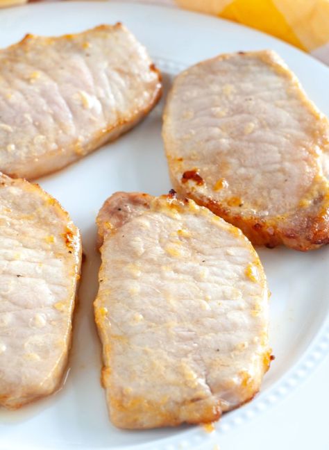 4 pork chops on a white plate Honey Mustard Pork Chops, Mustard Pork Chops, Air Fryer Pork Chops, Boneless Pork Chops, Air Fryer Recipes Easy, Boneless Pork, White Plate, Air Fryer Recipes Healthy, Air Fryer Chicken