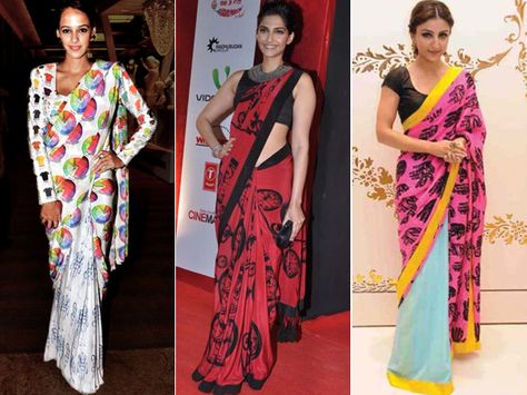 Floral, stripes and polka dots are passé. The new trend that’s catching up big time is the quirky and kitschy printed saris. Fashion designers such as Masaba, Kallol Datta, Deepika Govind are going all out to bring out the fun side in saris. We spotted celebrities such as Sonam Kapoor and Soha Ali Khan rocking this trend. Here’s how you can wear this look without making it look like a costume. Quirky Saree Prints, Soha Ali Khan, Sonam Kapoor, Celeb Style, Ali Khan, New Trend, Big Time, Printed Sarees, Newest Trends