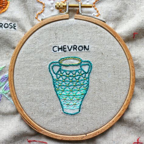 Chevron stitch _ porcelain vase hand embroidery Chevron Embroidery Design Patterns, Chevron Stitch Embroidery Designs Motif, Chevron Stitch Embroidery Designs, Chevron Embroidery Design, Alpaca Embroidery, Painted Clothes Pins, Seni Khat Islam, Embroidery Leaf, Aari Designs