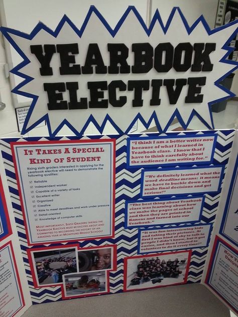 Here's a great idea if your school has an electives fair. Yearbook Advisor, Yearbook Committee, Yearbook Mods, Journalism Ideas, Yearbook Club, Newspaper Display, Yearbook Templates, Teaching Yearbook, Middle School Yearbook