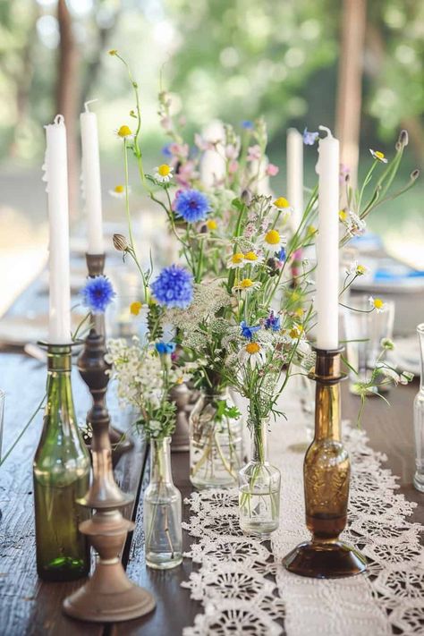 Round Table Decorations Wedding Centerpiece Ideas, Wild Flower Table Decorations, Wildflower Wedding Centerpieces, Spring Wedding Centerpieces, Wildflower Centerpieces, Rectangle Tables, Lavender Bouquet, Pink Wedding Cake, Diy Charm