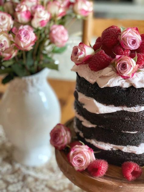 Dark Chocolate Cake with Raspberry Whipped Cream Frosting Chocolate Almond Raspberry Cake, Chocolate Cake With Raspberry Filling, Fig Brie, Cottage Cooking, Courtney Williams, Classic Chocolate Cake Recipe, Pink Champagne Cupcakes, Raspberry Whip, Raspberry Whipped Cream