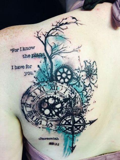 Tree Clock, Scripture Tattoos, Mangas Tattoo, Steampunk Tattoo, Tattoo Ideas For Men, Geniale Tattoos, Trendy Tattoo, Blossom Tattoo, Cherry Blossom Tattoo