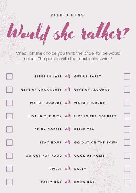 Bridal shower, Hens party or Bachelorette party printable game: Would she rather  A fun way to interact with everyone and get the party started!  HOW IT WORKS!  - Purchase my product and leave in the comments or note the name of the future bride/hen - A email will be sent to you with a printable file for the special day!  ( For any special requests, colour changes etc please also leave them in the notes ) Bachelorette Party Ideas Games, Purple Quinceanera Ideas, Hens Party Games, Fun Bachelorette Party Games, Hen Games, Bridesmaid Brunch, Bachelorette Inspo, Would She Rather, Hen Party Games