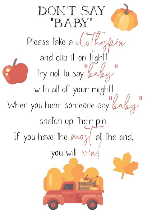 "Don't Say Baby" fall theme Baby Shower Game Fall Baby Shower Games Free Printable, Gender Cupcakes, Pumpkin Baby Shower Theme, Pumpkin Baby Shower Games, Baby Cook, Lil Pumpkin Baby Shower, Fall Baby Shower Game, Easy Baby Shower Games, Fall Baby Shower Themes