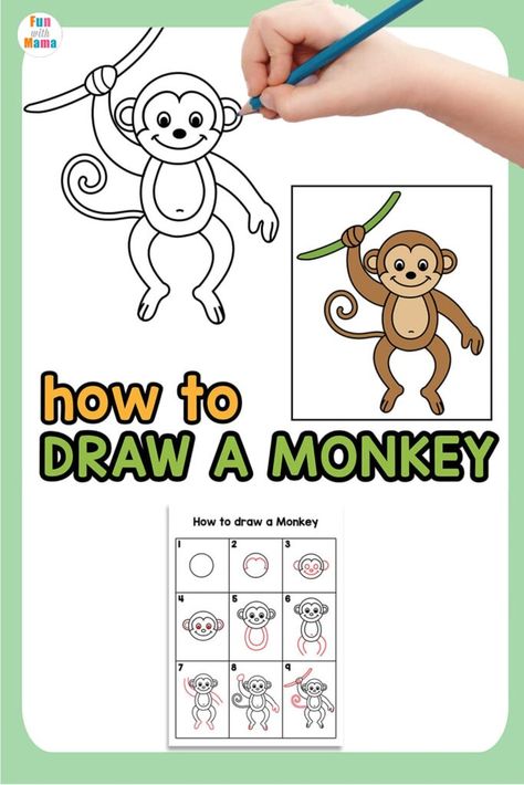 How To Draw Monkey, Monkey Drawing Easy, Draw A Monkey, Trin For Trin Tegning, Cartoon Drawing For Kids, Easy Halloween Drawings, Flowers Paper Craft, Monkey Drawing, Monkey Crafts