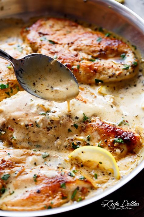 Lemon Chicken Scallopini with Lemon Garlic Cream Sauce combines two recipes into one: lemon garlic chicken AND a lemon garlic cream sauce to keep the flavours going! | https://cafedelites.com Lemon Garlic Cream Sauce, Garlic Cream Sauce Recipe, Continental Recipes, Chicken Scallopini, Garlic Cream Sauce, Cream Sauce Recipes, Cooking Cream, Lemon Garlic Chicken, Seasoned Chicken