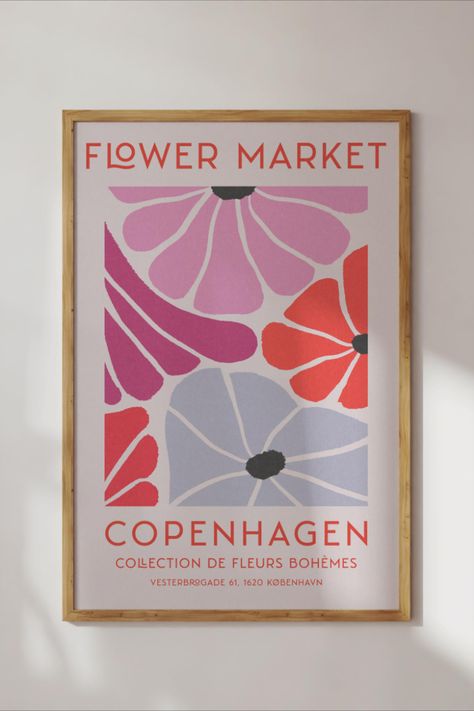 Flower Market Copenhagen Poster, Flower Market Copenhagen, Aesthetic Poster Vintage, Pink Red Aesthetic, Pink Aesthetic Poster, Aesthetic Matisse, Art Pink Aesthetic, Danish Pastel Decor, Posters Ideas