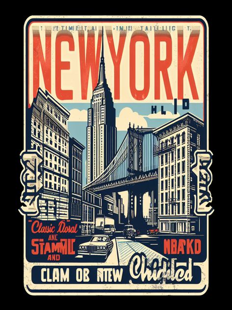 Vintage New York City Skyline illustration featuring iconic landmarks in sepia tones, including the Empire State Building and Brooklyn Bridge. Vintage City Posters, New York Illustration Art, New York Old Money, New York Graphic Design, New York City Illustration, Nyc Poster, New York Illustration, City Aesthetics, Old New York