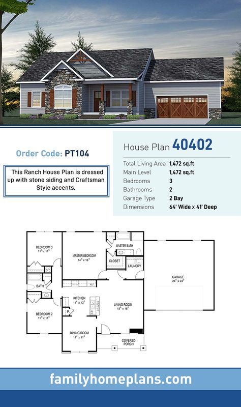 House Plan 40402 - Traditional Style with 1472 Sq Ft, 3 Bed, 2 Bath 1 Story Ranch House Plans, Small House Plans 3 Bedroom Simple Ranch, 1600 Sq Ft Ranch House Plans, 3 Bedroom Home Floor Plans 1500 Sq Ft Ranch Style, 1400 Sq Ft House Plans Farmhouse, 1400 Sq Ft House Plans With Garage, Ranch Style House Plans With Basement, 1400 Sq Ft House Plans, Small Ranch House Plans