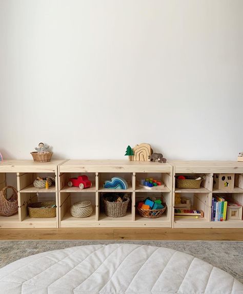 Montessori Playroom Storage, Ikea Trofast Shelves, Montessori Yes Space, Kallax And Trofast Playroom, Ikea Storage Playroom, Ikea Trofast Montessori, Waldorf Kids Room, Waldorf Homeschool Room, Ikea Montessori Playroom