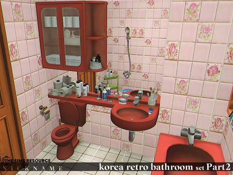 Ts4 Shower Cc, The Sims 4 Cc Japanese Furniture, Sims 4 Shower Cc, Ts4 Clutter, Sims Decor, Japanese Apartment, Retro Shower Curtain, Retro Bathroom, Old Sink