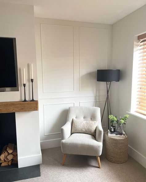 Panelling On One Wall Living Room, Cosy Living Room Panelling, Living Room Panelling Around Fireplace, Living Room Feature Wall Panelling, Cottage Living Room Panelling, Wall Paneling Ideas Small Living Room, Lounge Wall Panel Ideas, Grey Wall Panelling Living Room, Living Rooms With Paneling