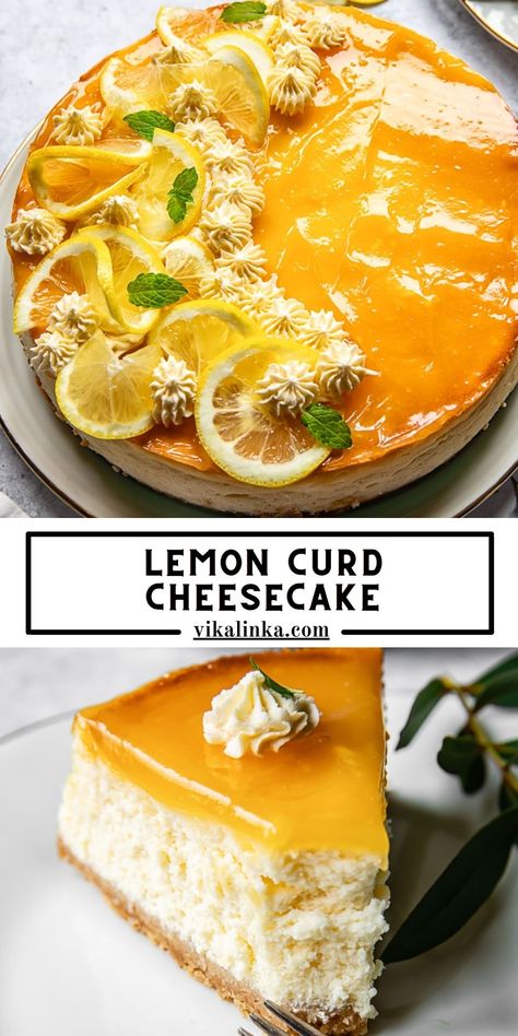 This lemon cheesecake, topped with lemon curd and whipped cream rosettes, is as luxurious as it is delicious. Learn the secrets to the fluffiest interior and a crack-free top below! Lemon Ricotta Cheesecake, Berry Cheesecake Recipes, Lemon Curd Cheesecake, Fancy Desserts Recipes, Lemon Cheesecake Recipes, Easy No Bake Cheesecake, Cheesecake Toppings, Best Sweets, Baked Cheese