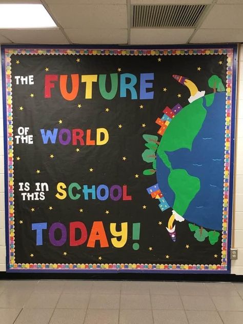 The Future Of The World Bulletin Board, Bulletin Board Ideas For All Year Round, Welcome Notice Board School, Future World Changers Bulletin Board, Motivational Bulletin Boards Elementary, Softboard Decoration Ideas For School, Notice Board Decoration Ideas School, Welcome Bulletin Board Ideas For School, Creative Display Boards For School