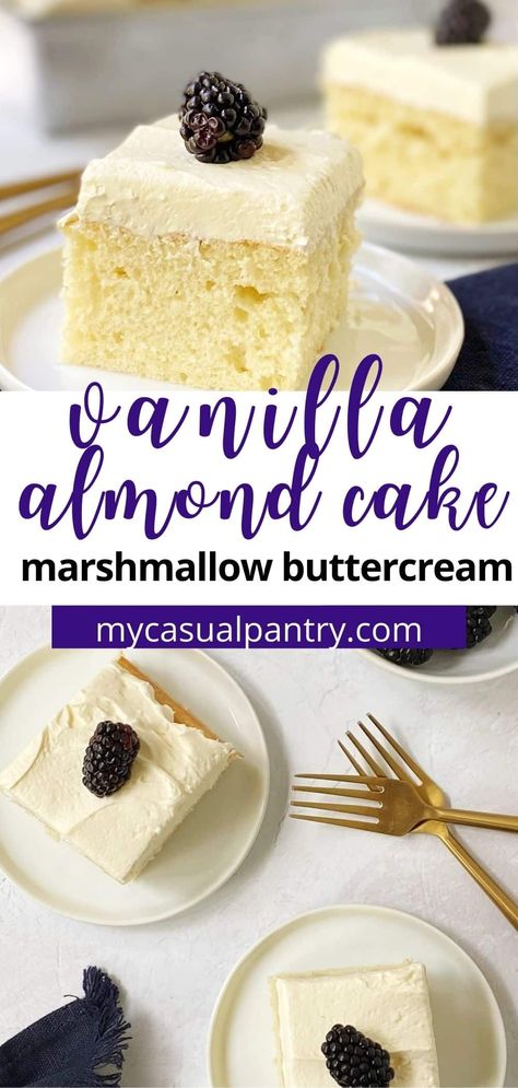 This heavenly vanilla almond cake starts with boxed cake mix and is topped with the most dreamy almond marshmallow buttercream frosting. A touch of almond and vanilla adds a homemade taste. This cake is perfect for casual treats or special occasions alike. White Almond Cake Recipe Easy, Cake Mix Almond Cake, White Cake Mix Recipes Boxed Almond, Almond Wedding Cake Recipe From Mix Boxes, Almond Desserts Easy, French Vanilla Cake Mix Recipes Boxed, Almond Cupcakes From Box Cake, Box Vanilla Cake Mix Recipes, Recipes With Vanilla Cake Mix Boxes