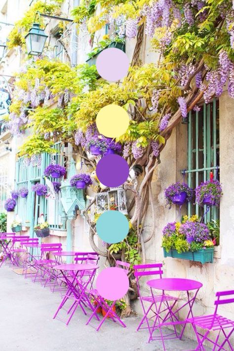 Cheerful Colour Palette, Yellow And Purple Bedroom Ideas, Purple Blue Yellow Color Scheme, Spring Pink Color Palette, Green Purple Pink Color Palette, English Garden Color Palette, Purple Pink Green Color Palette, Purple And Yellow Palette, Pink Green Yellow Color Palette