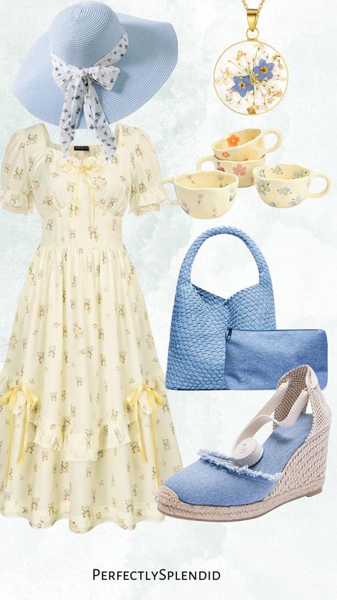 Dainty and stylish with a yellow sundress, blue sun hat, vegan leather purse, denim wedge heels, and a tea cup to match! Sundress Outfit, Yellow Sundress, Cottagecore Fashion, Yellow Outfit, Friends Fashion, Blue Outfit, Outfits With Hats, 1940s Fashion, Sun Hats