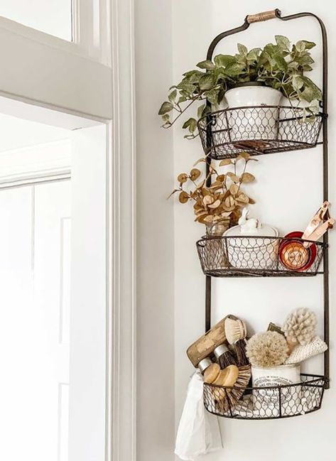 3 Tier Hanging Basket Ideas, How To Display Towels, Wire Basket Decor, Basket On Wall, Farmhouse Baskets, Display Towels, Cozy Living Room Design, Basket Organization, Camper Living