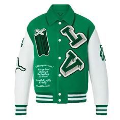 Varsity Leather Jacket, Green Varsity Jacket, Louis Vuitton Jacket, Baseball Jacket Women, Cotton Jackets Women, Varsity Jacket Men, Letter Embroidery, Letterman Jacket, Dolce E Gabbana