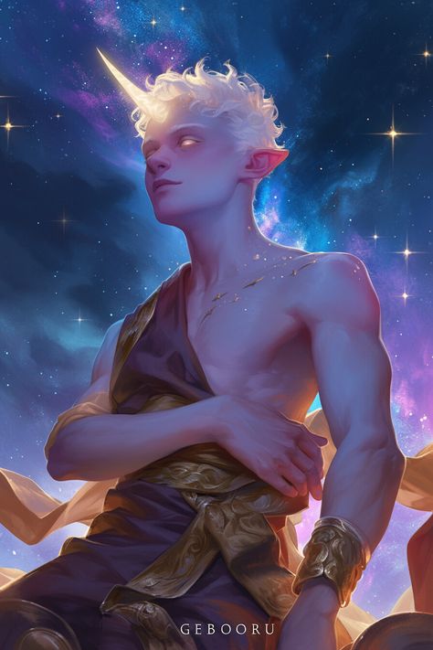 Dnd Moonfolk, Purple Elf Male, Pillars Of Eternity Portrait, Celestial Tiefling, Human Sorcerer Male, Male Tiefling Art, Aasimar Warlock, Celestial Dnd, Celestial Warlock