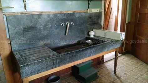 Antique Soapstone Sink - GovDeals.com Soapstone Sink Bathroom, Soapstone Kitchen Sink, Soapstone Sink Kitchen, Soapstone Sink, Tiny Home Cost, Shed Guest House, Industrial Kitchens, Soapstone Kitchen, Sink Skirt