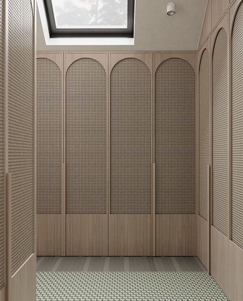 Arch rattan inset detail wardrobe design Wood Closet Doors, Rattan Bedroom, Dream Closet Design, Wardrobe Door Designs, Wardrobe Interior Design, Japandi Interior, Wall Closet, Arched Doors, Wardrobe Design Bedroom