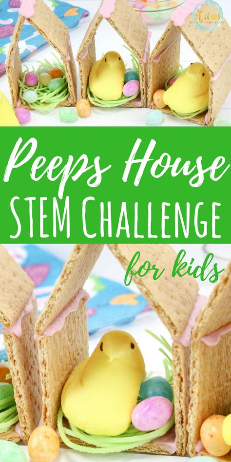 Peep Gingerbread House, Easter Graham Cracker House, Graham Cracker Easter Bunny House, Easter Peeps House, Peep Houses Easter, Peeps Houses For Easter, Adopt A Peep Activity, Peep Houses, Easter Stem Challenge