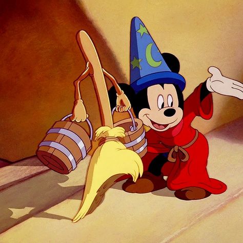 in Disney’s Fantasia (1940) Classic Disney Aesthetic, Old Disney Animation, Fantasia Tattoo, Disneys Fantasia, Old Disney Characters, Disney Mural, Disney 90s, Disney Fantasia, Sorcerer Mickey