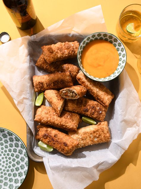 Easy Jerk Chicken Egg Rolls with Mango Sweet Chili Sauce - Sweet July Jerk Chicken Egg Rolls Dipping Sauces, Jerk Chicken Appetizer, Jamaican Egg Rolls, Jerk Chicken Eggrolls, Jerk Egg Rolls, Jerk Chicken Egg Rolls Recipes, Jerk Chicken Egg Rolls, Voodoo Egg Rolls Recipe, Easy Jerk Chicken