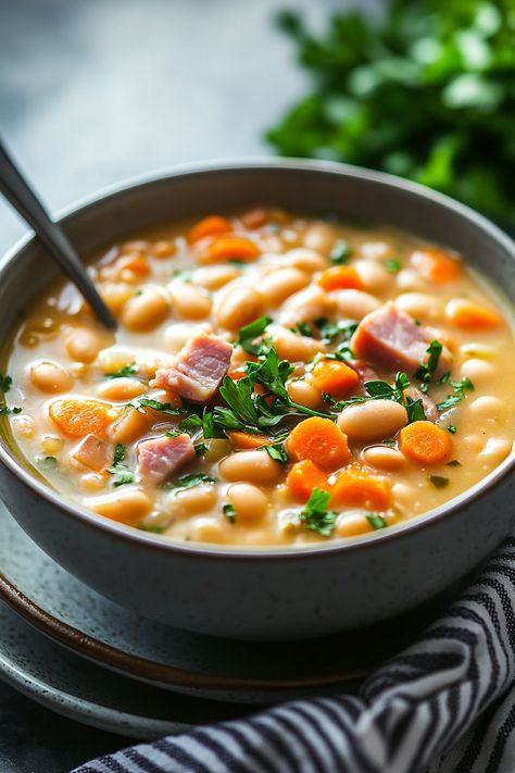 White Bean and Ham Soup is a classic comfort food that’s perfect for warming up … White Bean And Ham Chili, White Bean Soup Recipes With Ham, Ham White Bean Soup Crockpot, Ham Beans And Cornbread, Quick White Bean Soup, Hearty Bean Soup Recipes, Beam And Ham Soup, White Bean And Ham Soup Crockpot, Old Fashioned Ham And Bean Soup