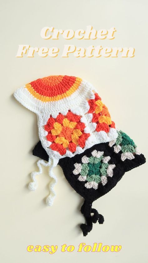 Granny Square Crochet Tutorial, Square Crochet Tutorial, Granny Square Free Pattern, Hat Free Crochet Pattern, Crochet Baby Bonnet, Bonnet Pattern, Bonnet Hat, Crochet Videos Tutorials, Baby Bonnet