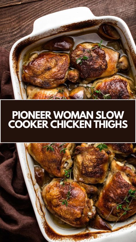 Pioneer Woman Slow Cooker Chicken Thighs Recipe features bone-in, skin-on chicken thighs seasoned with garlic powder, paprika, onion powder, salt, and Italian seasoning. Slow-cooked to perfection, this dish takes 4.5-5 hours and serves 4-5. Best Chicken Thigh Crockpot Recipes, Slow Cooker Chicken Thighs Food Network, Crockpot Thighs Bone In, Chicken Thigh Recipe Crockpot, Skin On Bone In Chicken Thigh Recipes Slow Cooker, Chicken Leg Slow Cooker Recipes, Crock Pot Chicken Thigh Recipes Bone In, Recipes For Bone In Chicken Thighs, Chicken Thigh Crockpot Recipes Easy