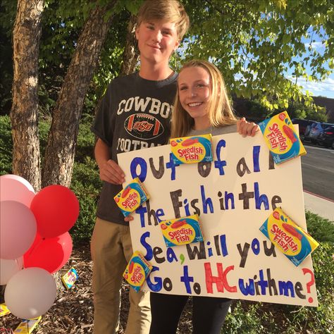 Hoco Swedish Fish Hoco Proposal, Hoco Fishing Proposal, Fish Homecoming Proposal, Hoco Proposals Ideas Fishing, Fish Themed Promposal, Fish Hoco Proposal, Creative Hoco Proposals, Fishing Hoco Proposals, Western Hoco Proposal