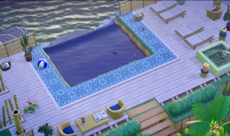 Acnh Secret Beach Entrance Ideas, Acnh Swimming Pool, Acnh Pool Area Ideas, Acnh Lake Idea, Acnh Waterscaping Ideas, Acnh Summer Island, Animal Crossing Pool, Acnh Cliff Ideas, Acnh Pond Shape