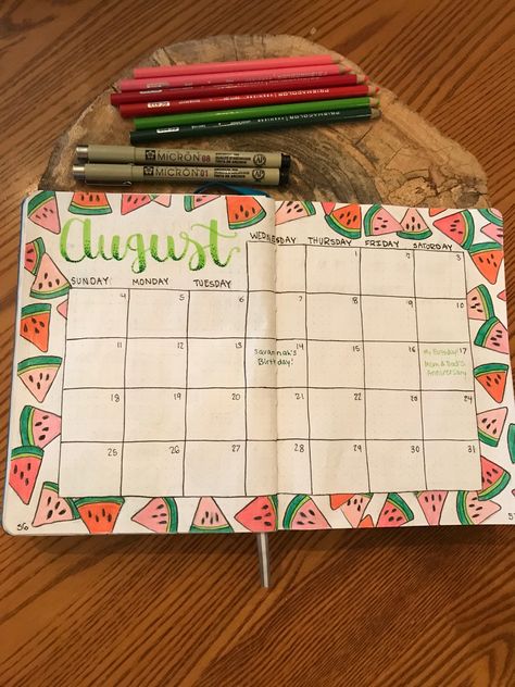 August monthly calendar! 🍉 Monthly Calander Ideas Diy, August Whiteboard Calendar, August Calendar 2024 Aesthetic, August White Board Calendar Ideas, August Planner Ideas, Calendar Theme Ideas, May Bullet Journal Calendar, May Calendar Ideas, August Bullet Journal Calendar