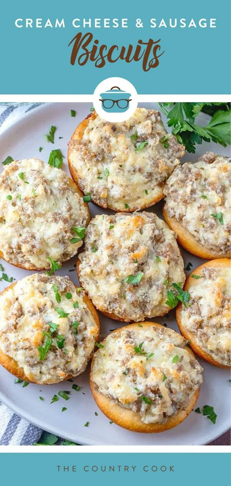 With only five ingredients, these Cream Cheese Sausage Stuffed Biscuits are an easy and delicious snack, appetizer or party food! Cream Cheese Sausage Stuffed Biscuits, Sausage Cream Cheese Biscuits, Sausage And Cream Cheese Biscuit Bites, Sausage Stuffed Biscuits, Savory Appetizers Easy, Stuffed Biscuits, Cream Cheese Sausage, Cream Cheese Biscuits, Sausage Cream Cheese