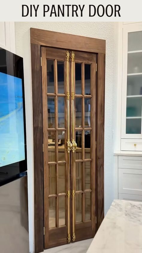 Greg Navage | Like + Comment “link” to receive the supplies list directly to your DM! The Shrimp says I didn’t just build a pantry, I built a statement… | Instagram Pantry Accordian Door, Small House Pantry Ideas, Diy Pantry French Doors, Round Pantry Door, Butler Pantry Doors, Bifold Pantry Door Makeover, Walk In Pantry Door, Doorknob Ideas, French Door Pantry