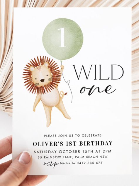 Green 1st Birthday Party, First Birthday Boy Safari, One Wild Year 1st Birthday, Wild One Birthday Party Boys, One Year Old Birthday Party Boy, Lion 1st Birthday, Safari First Birthday, Wild One Invitation, Lion Party